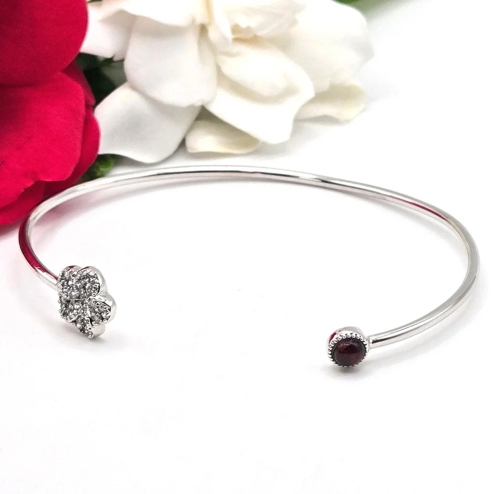 Martin & MacArthur Koa Wood Cuff Bracelet Plumeria‎ with CZ Hawaii Rhodium Plate